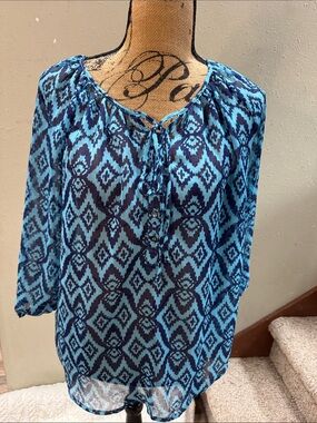 Blue Geometric Peasant Blouse - Women Tops
